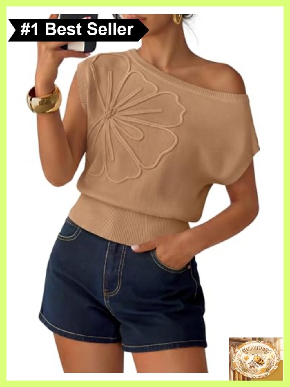 Floral Off Shoulder Short Sleeve Knit Sweater Vest Lightweight Pullover